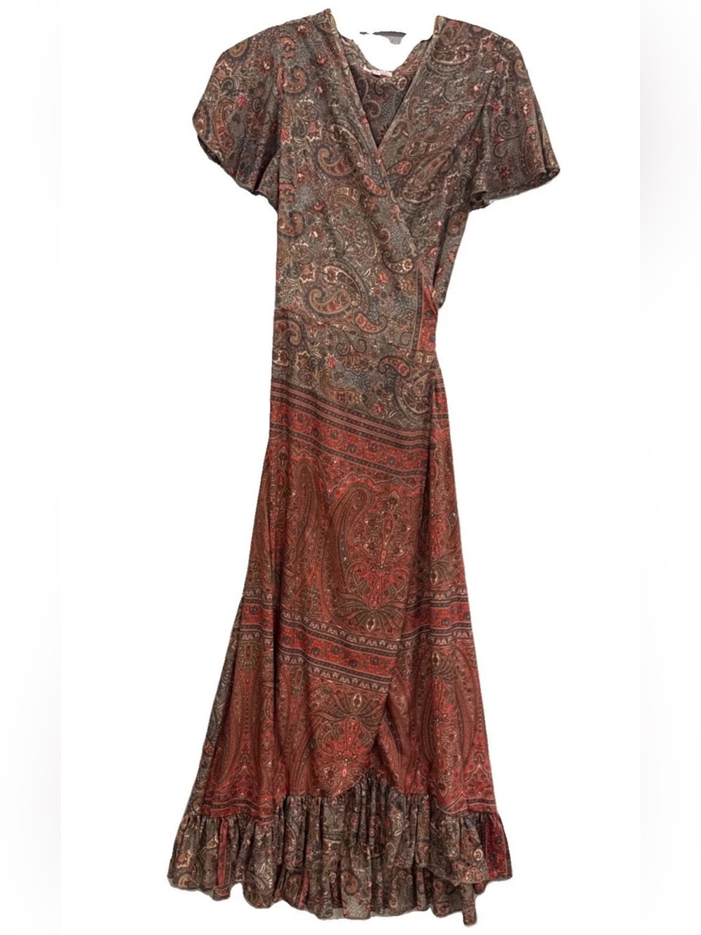 Cienna Paisley Silk Blend Wrap Maxi Dress Gray Salmon Boho Festival M